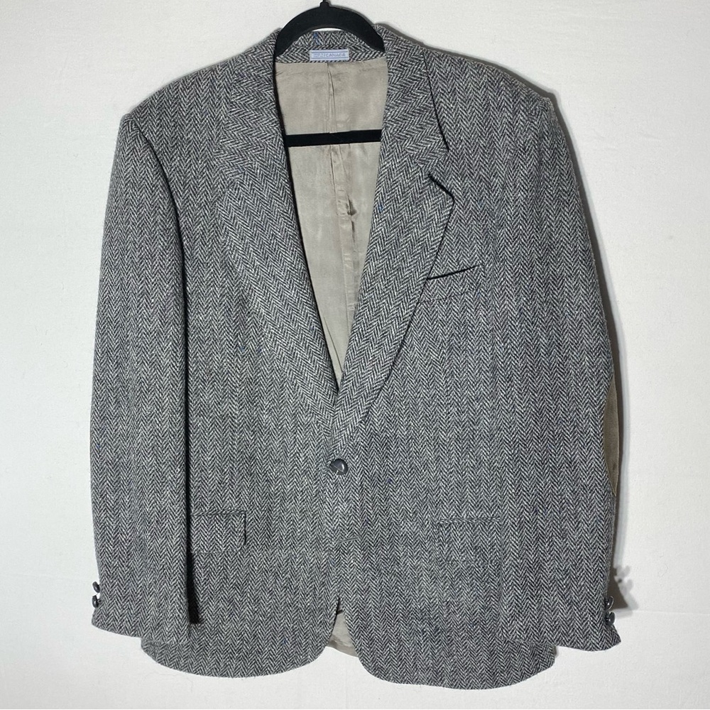 Vintage Harris Tweed Leishman Classic Grey Wool  Herringbone Blazer 46R Academia